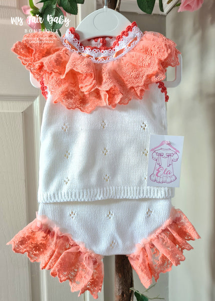 Ela Confeccion Spanish Baby Girls Orange Lace Knitted 3pc Set - 12m