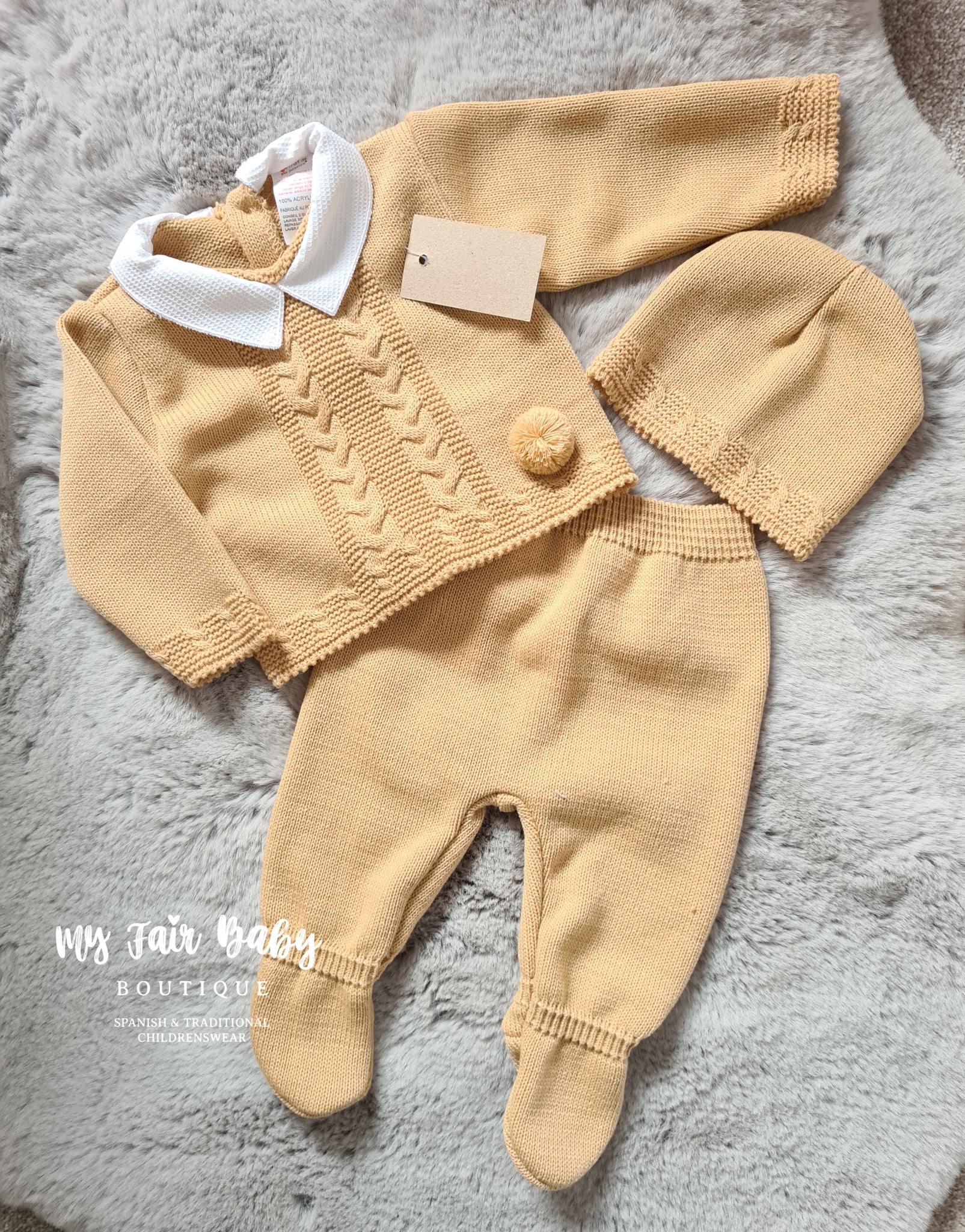 Spanish Baby Boys Camel Knitted 3pc Trouser Set 0-3m