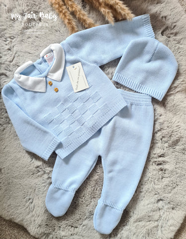 Spanish Baby Boys Blue Knitted 3pc Trouser Set 0-3m