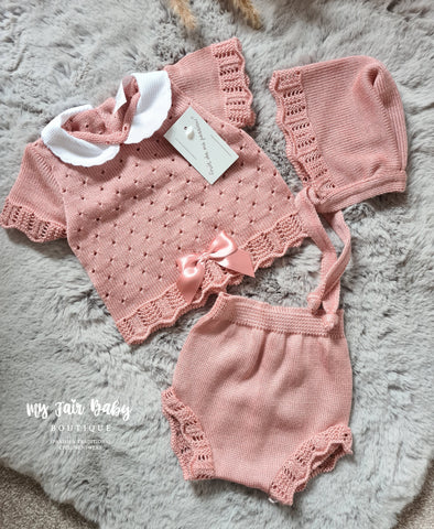 Spanish Baby Girls Dusky Pink Knitted Jam Pant Set - 0-3m