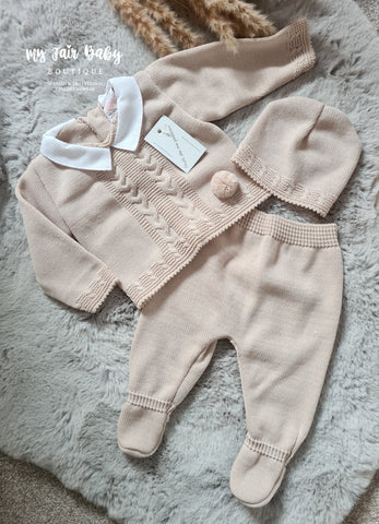 Spanish Baby Boys Tan Knitted 3pc Trouser Set 0-3m