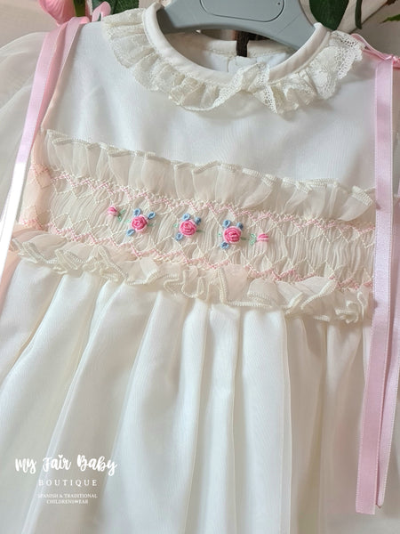 Sonata Infantil Spanish Girls Cream & Pink Organza Smocked Puffball Dress 3Y - IN STOCK NOW