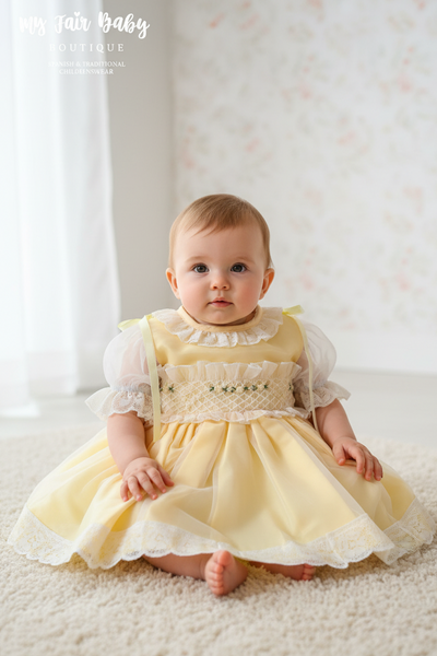 Sonata Infantil Spanish Girls Lemon Smocked Puffball Dress VE2201- 6M - IN STOCK NOW