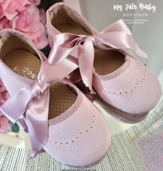 Spanish Girls Pink Suede Ballet Ribbon Tie Shoes - NON RETURNABLE