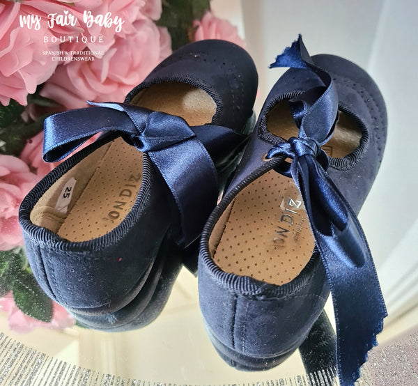 Spanish Girls Navy Suede Ballet Ribbon Tie Shoes - NON RETURNABLE