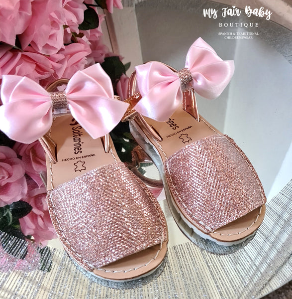 Spanish Girls Pink Sparkle Sandals With Detachable Bows - NON RETURNABLE