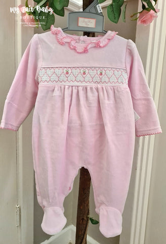 Traditional Baby Girls Pink Smocked Velour Sleepsuit/Babygrow