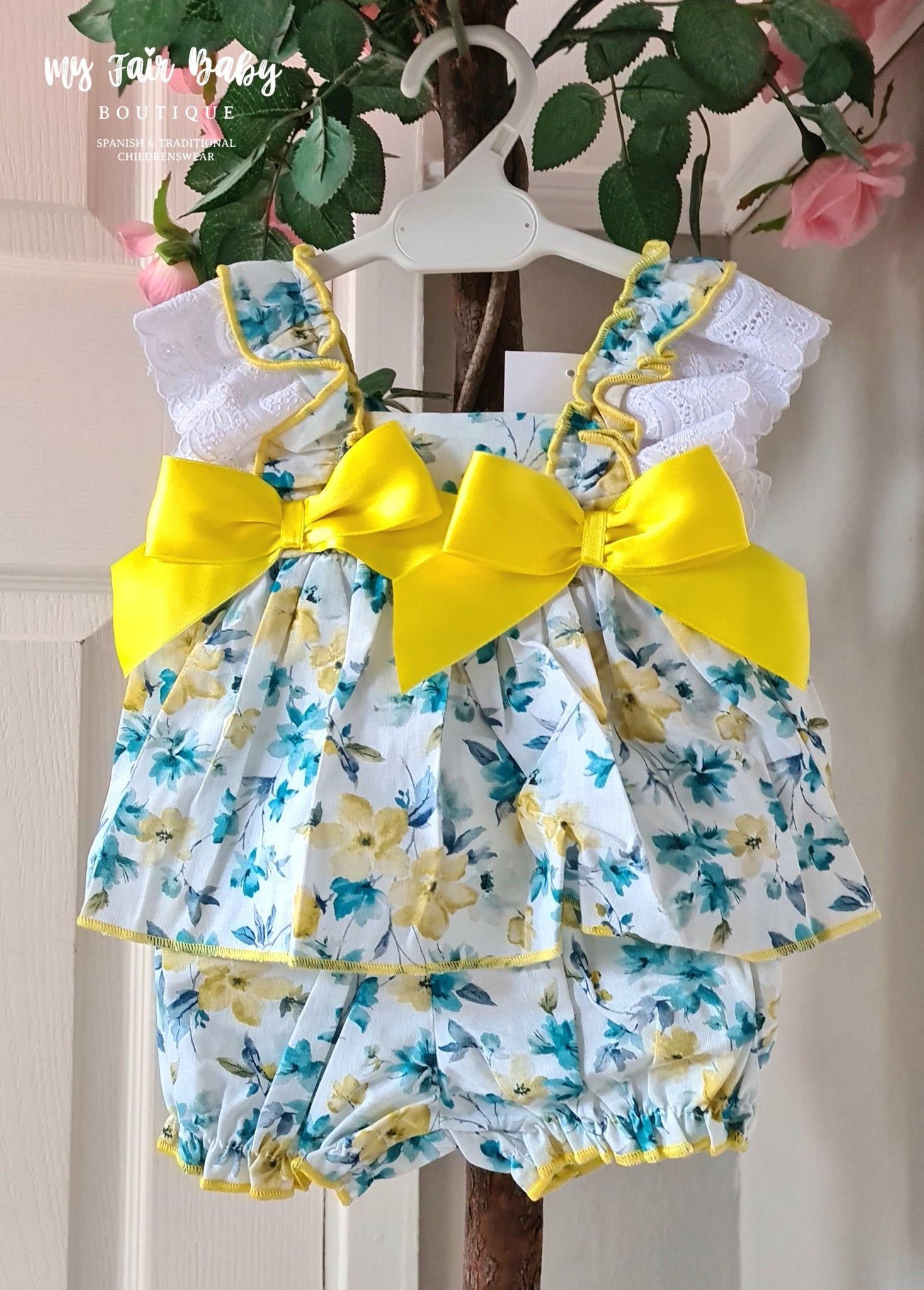 Traditional Wee Me Baby Girls Blue Yellow Floral Sun Dress