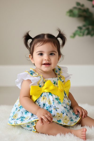 Traditional Wee Me Baby Girls Blue & Yellow Floral Sun Dress & Pants ~ 24m