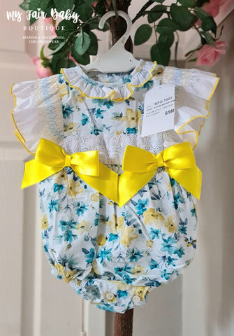 Traditional Wee Me Baby Girls Blue & Yellow Floral Romper - 3-18m