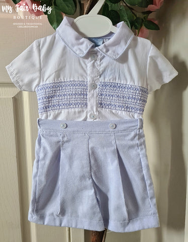 Traditional Baby Boys Blue Pinstriped Smocked Cotton Short Set - 3-6m