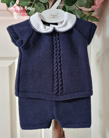 Spanish Baby Boys Navy Cable Knitted Short Set 3m