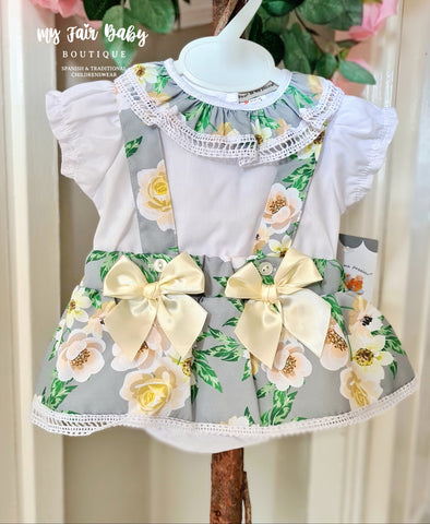 Spanish Baby Girls Green & Lemon Floral Skirted Pant Set