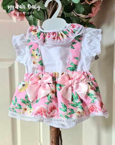 Spanish Baby Girls Pink Floral Skirted Pant Set