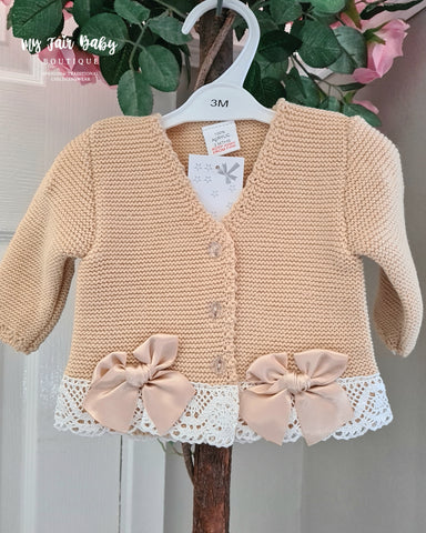 Spanish Girls Camel Lace & Bow Trimmed Cardigan