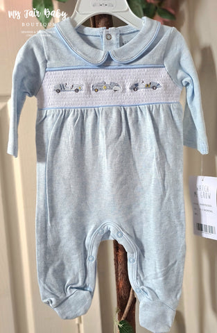 Traditional Baby Boys Blue Marl Smocked Cars Cotton Sleepsuit / Babygrow
