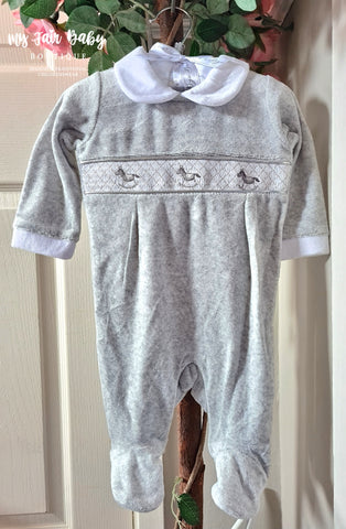 Traditional Baby Boys Grey Smocked Rocking Horse Velour Sleepsuit / Babygrow