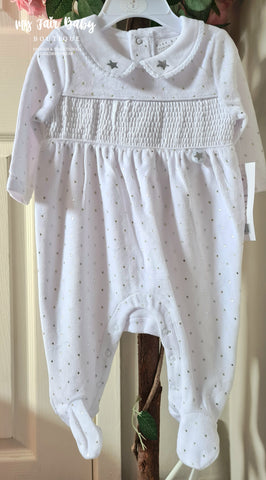 Traditional Unisex Baby White Smocked Stars Velour Sleepsuit / Babygrow