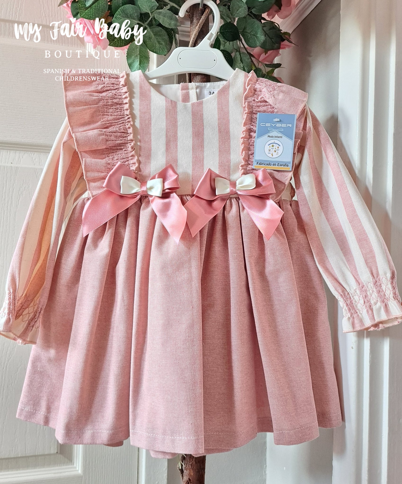 Ceyber AW24 Spanish Older Girls Pink Cream Striped Dress ZA4889