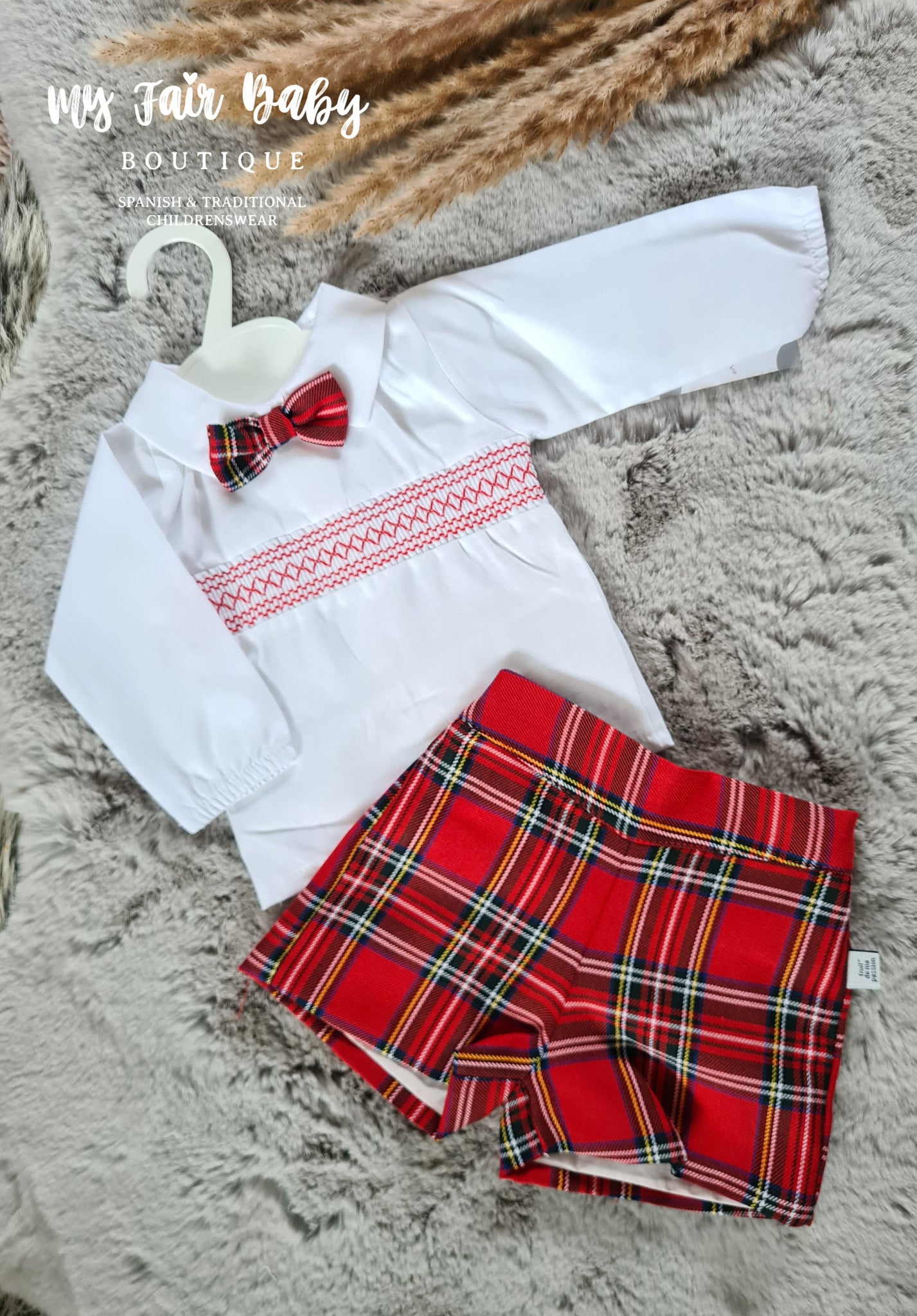 Spanish Baby Boys Smocked Red Tartan Short Set 0-3m