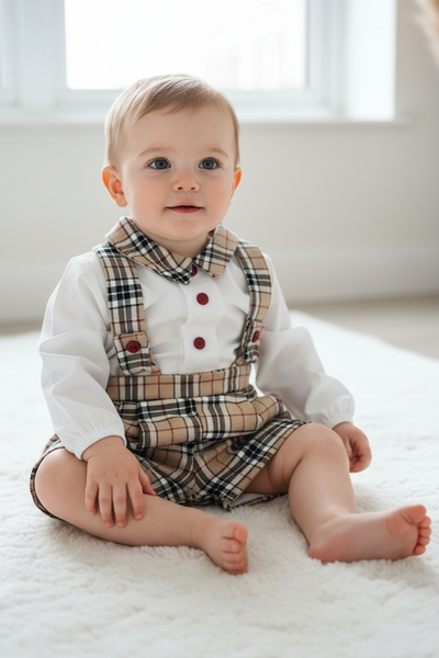 Spanish Baby Boys Beige Tartan Dungarees ~ 3,6,36m