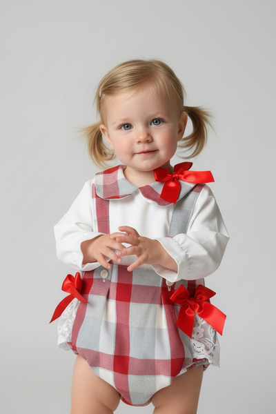 Spanish Baby Girls Red & Grey Check Romper Set - 3-36m