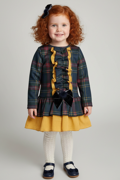Spanish Girls Navy & Mustard Tartan Christmas Dress 32210