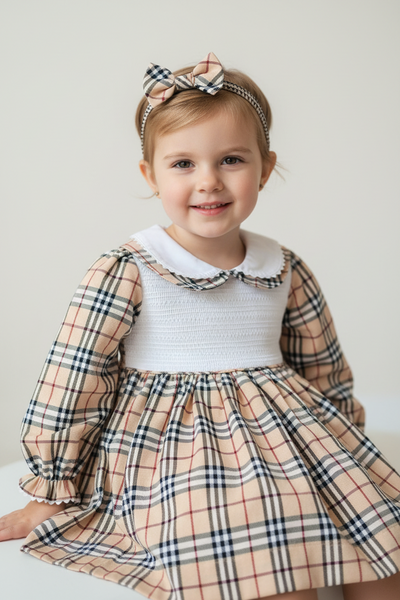 Traditional Girls Beige Tartan Dress Set 9001 ~ 1-4y