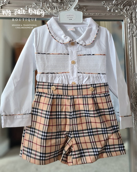 Traditional Boys Beige Tartan Smocked Short Set 9100 ~ 18m-3y