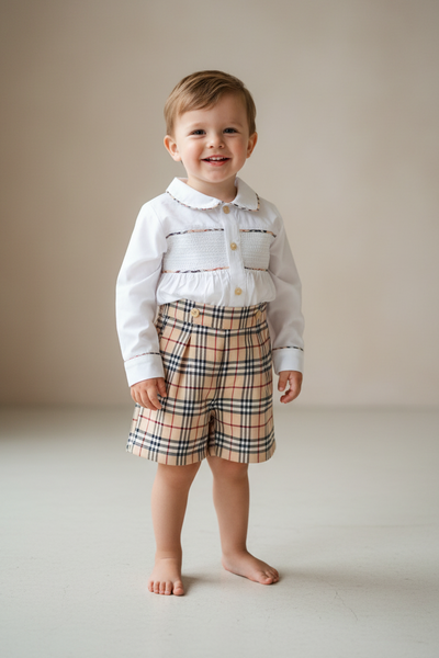 Traditional Boys Beige Tartan Smocked Short Set 9100 ~ 18m-3y
