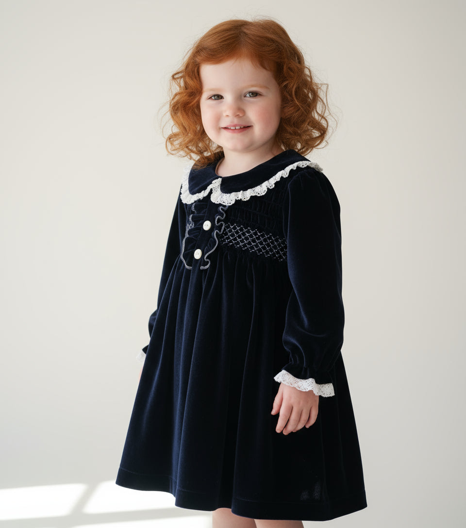 Beau Kid Traditional Girls Navy Velvet Smocked Christmas Dress 112219 - 2-7y