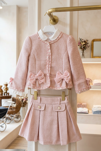 Beau Kid Traditional Girls Pink Tweed Skirt & Jacket Set 112273
