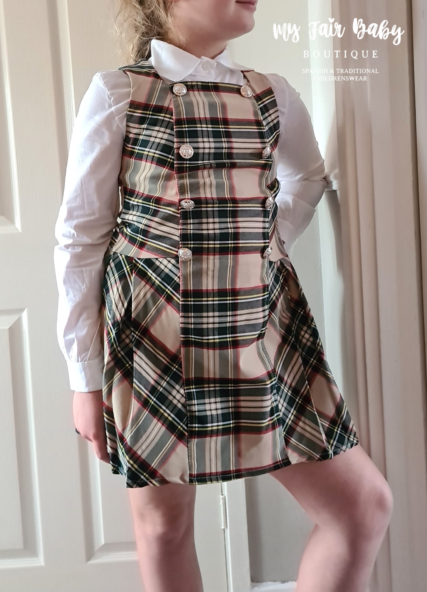 Traditional Older Girls Beige Tartan Christmas Pinafore Dress & Blouse My Fair Baby Boutique Traditional Older Girls Beige Tartan Christmas Pinafore Dress & Blouse My Fair Baby Boutique