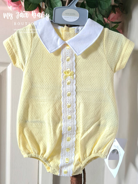 Spanish Baby Girls Lemon Ribbon Slot Romper NB-6m