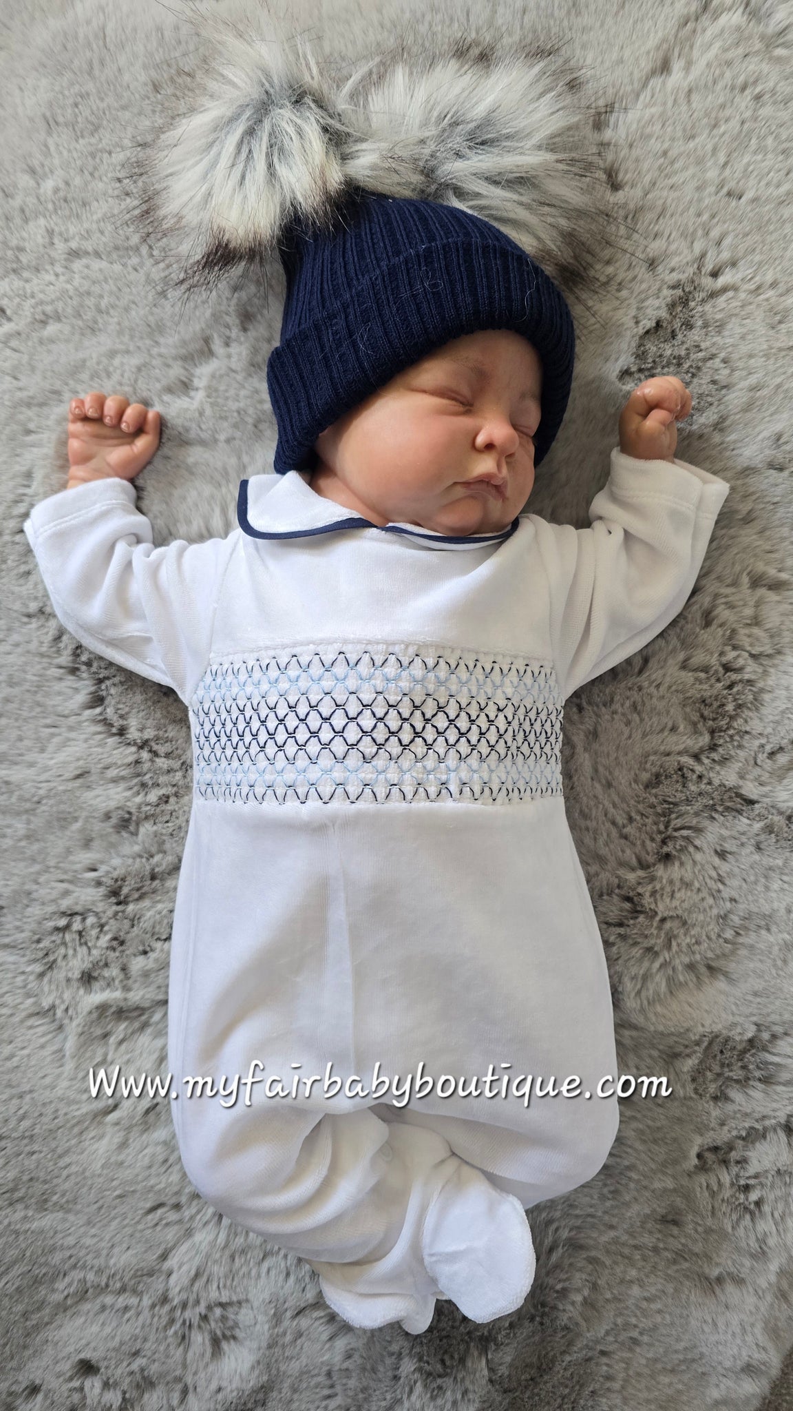 Spanish Baby Boys White Navy Smocked Velour Sleepsuit/Babygrow