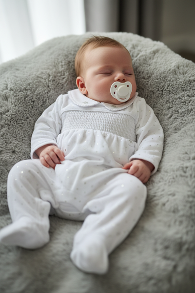 Traditional Unisex Baby White Smocked Stars Velour Sleepsuit / Babygrow