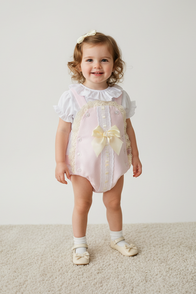 Spanish Baby Girls Pink & Cream Lace & Bow Romper ~ 3,24,36m