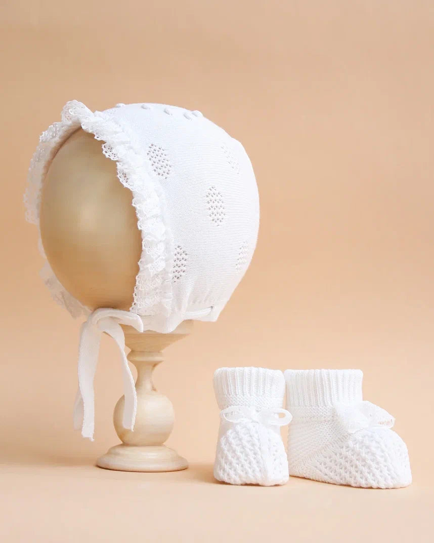 Spanish Baby Girls White Knitted Bonnet & Sock Set 0-6 months