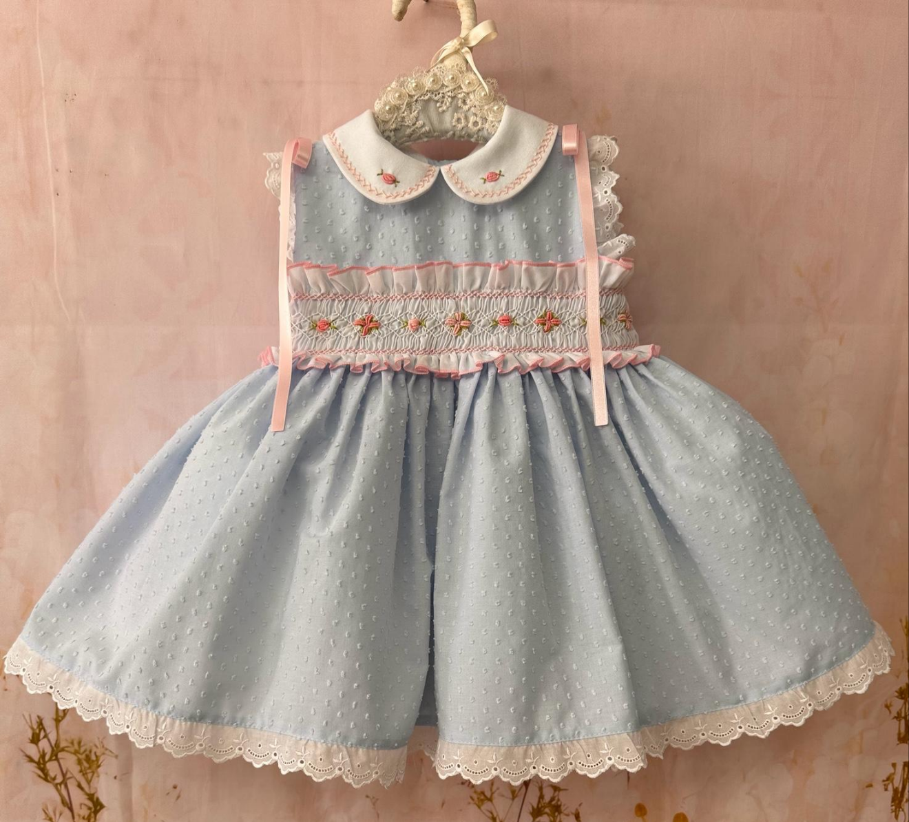 Sonata Infantil Spanish Girls Blue & Pink Plumeti Smocked Puffball Dress VE2509 ~ MADE TO ORDER