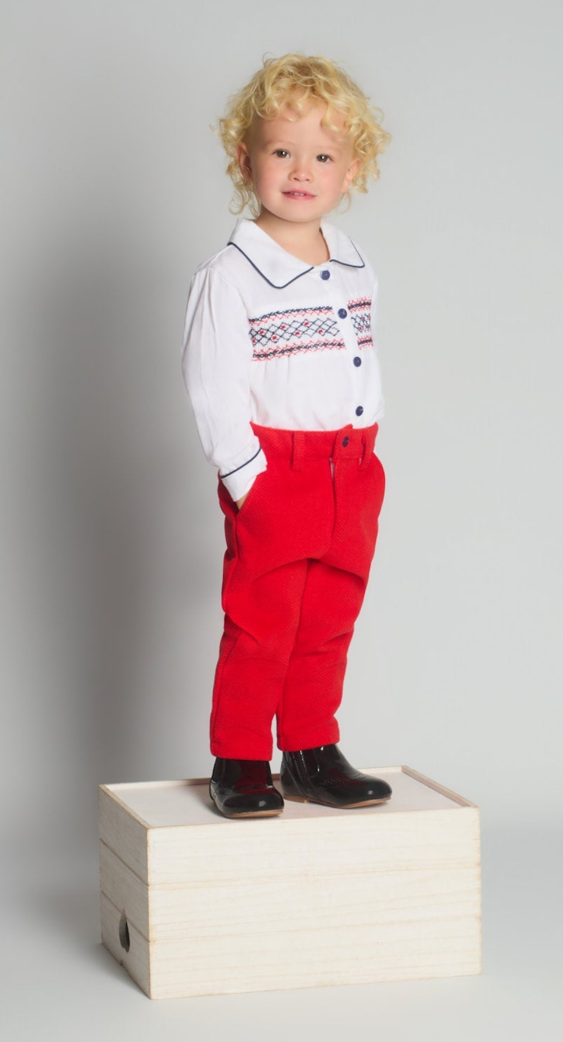 Beau Kid Traditional Boys Red Smocked Shirt & Trouser Set 2500~ 9m-5y