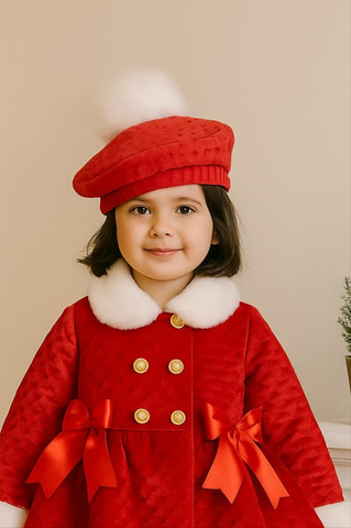 Sonata Infantil AW25 Spanish Girls Red Quilted Pom Pom Beret NA2506 - MADE TO ORDER