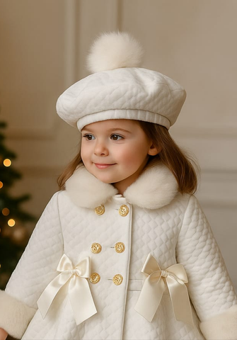 Sonata Infantil AW25 Spanish Girls White Quilted Pom Pom Beret NA2523 - MADE TO ORDER