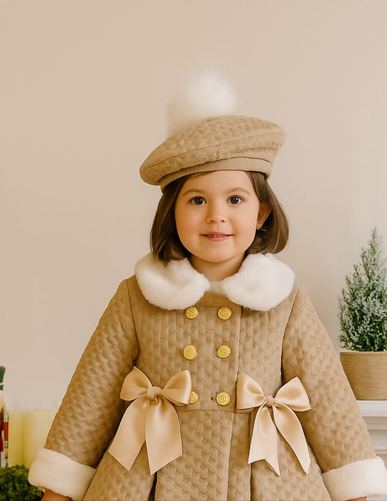 Sonata Infantil AW25 Spanish Girls Camel Quilted Pom Pom Beret NA2503 - MADE TO ORDER