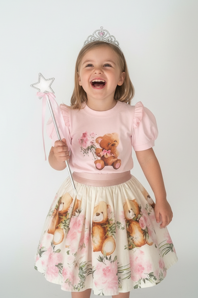 Beau Kid Traditional Girls Pink Teddy Bear Skirt Set ~ 2-8y