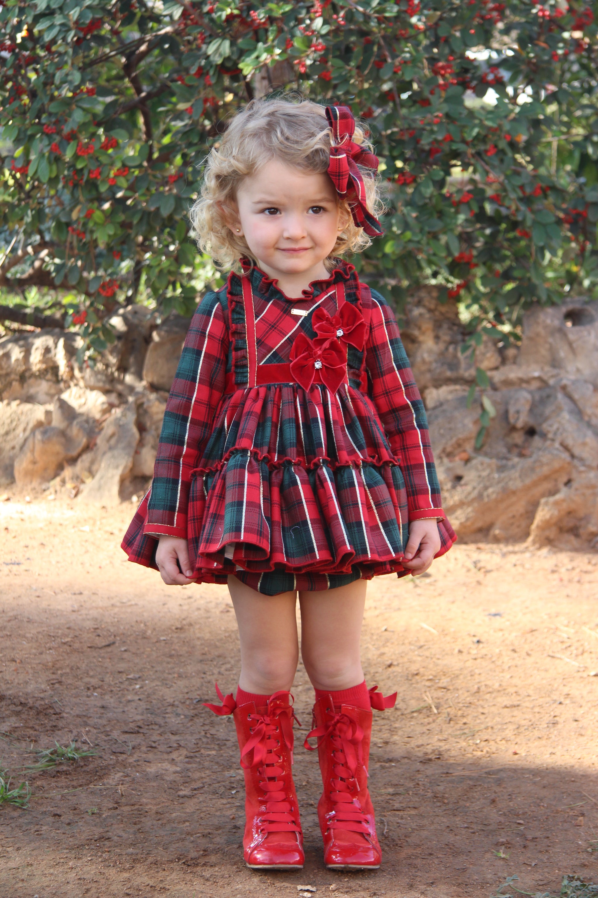 la amapola red dress La Amapola Spanish Baby Girls Red & Green Tartan Irina Puffball Dress My Fair Baby Boutique