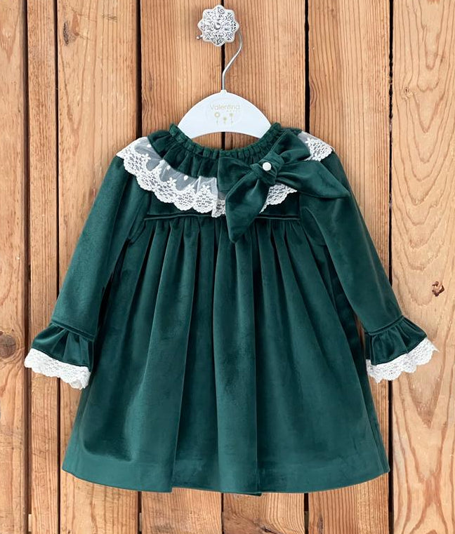 Valentina Bebes Baby Girls Bottle Green Velvet Lace Dress & Pants KAX184 - 3-12m