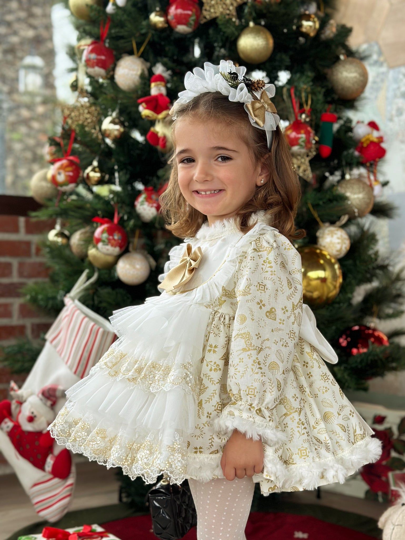 Sonata AW24 Spanish Girls Cream & Gold Reindeer Christmas Dress NA2403 - Made to Order 3 Years Sonata AW24 Spanish Girls Cream & Gold Reindeer Christmas Dress NA2403 - Made to Order 3 Years