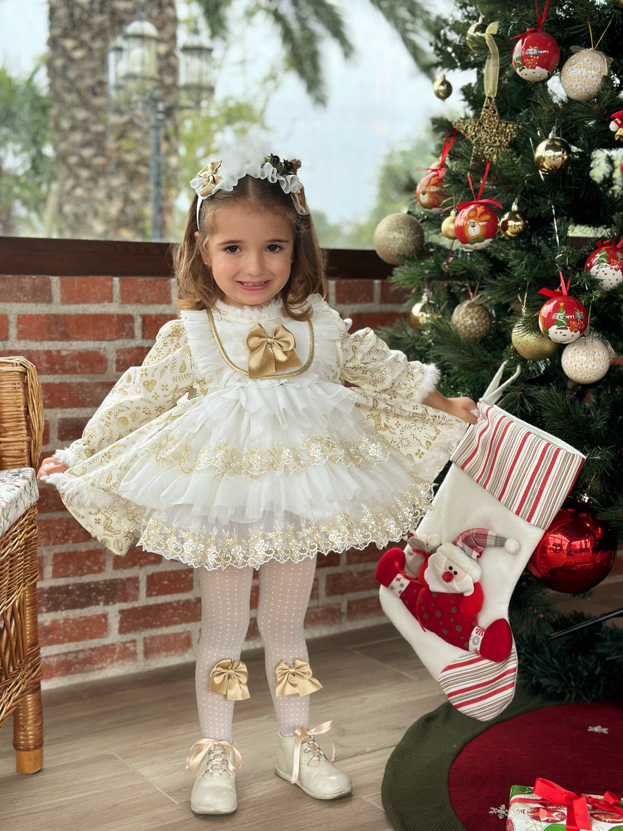 Sonata AW24 Spanish Girls Cream & Gold Reindeer Christmas Dress NA2403 – My  Fair Baby Boutique
