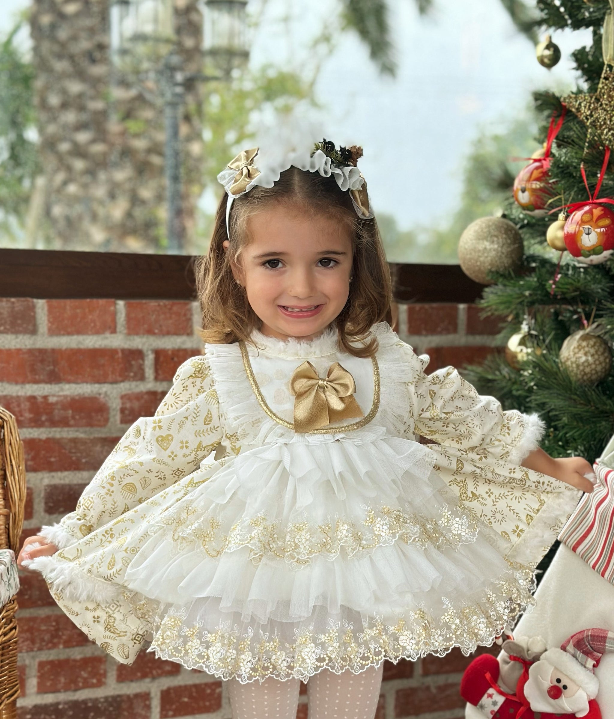 Sonata AW24 Spanish Girls Cream & Gold Reindeer Christmas Dress NA2403 My Fair Baby Boutique Sonata AW24 Spanish Girls Cream & Gold Reindeer Christmas Dress NA2403 My Fair Baby Boutique