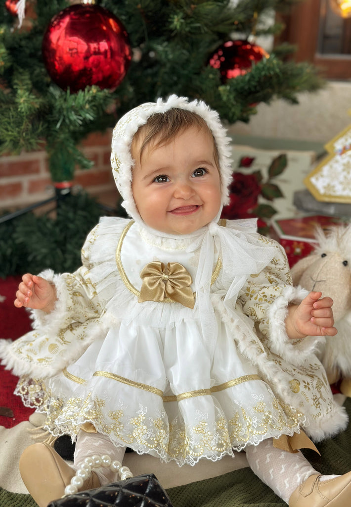 Sonata AW24 Spanish Girls Cream & Gold Reindeer Christmas Dress NA2404 My Fair Baby Boutique Sonata AW24 Spanish Girls Cream & Gold Reindeer Christmas Dress NA2404 My Fair Baby Boutique